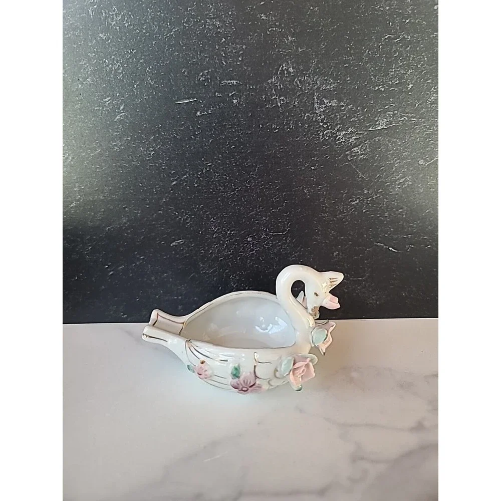 Vintage Ceramic Swan Trinket Dish With Capodimonte Flowers